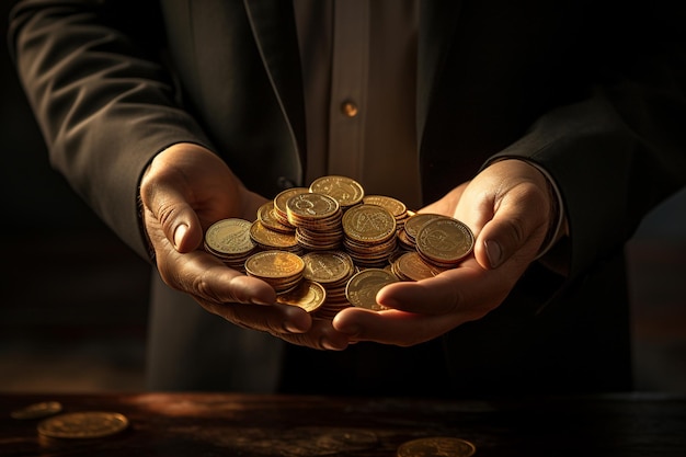 close up businessman holding a pile of coins bokeh style background