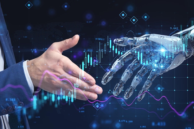 Close up of businessman and robot hands touching each other with forex chart Toned image double exposure Generative AI