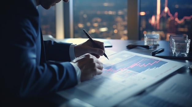 close up of businessman signing contract on desk in office at night