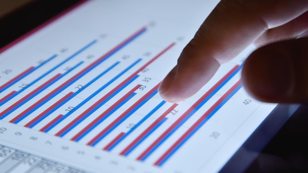 Close up of businessman touching tablet screen with stock market charts