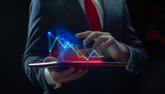 Close up of businessman using tablet pc with glowing forex chart on dark background