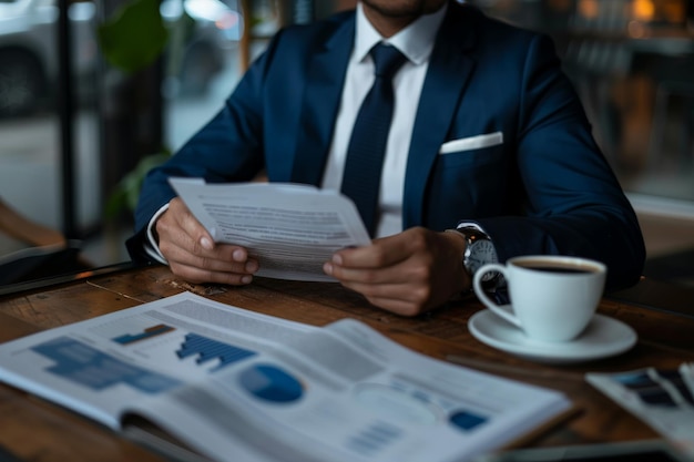 Close up of a Businessman with a cup of coffee and reading newspaper on desk