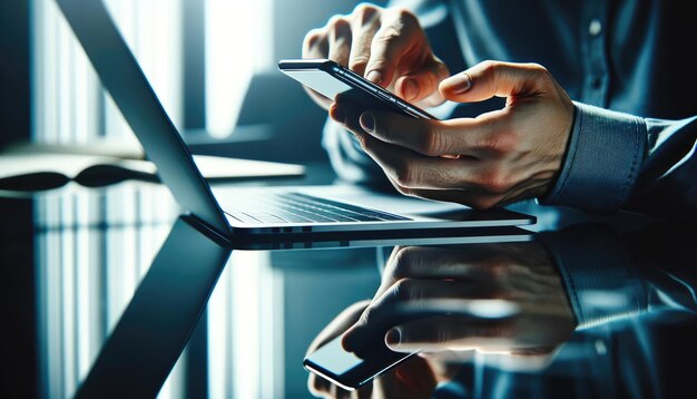 Close up of a businessmans hands using a smartphone over a laptop keyboard in a modern office environment with blue lighting