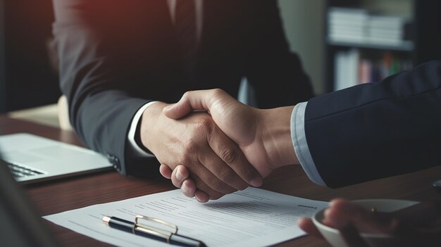 Photo close up of businessmen shaking hands in the office