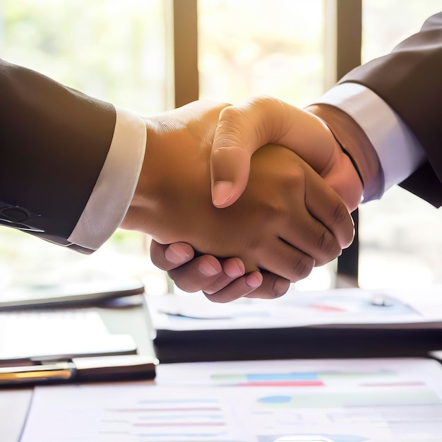 Close up businessmen shaking hands successfully closing a deal