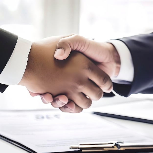 Close up businessmen shaking hands successfully closing a deal