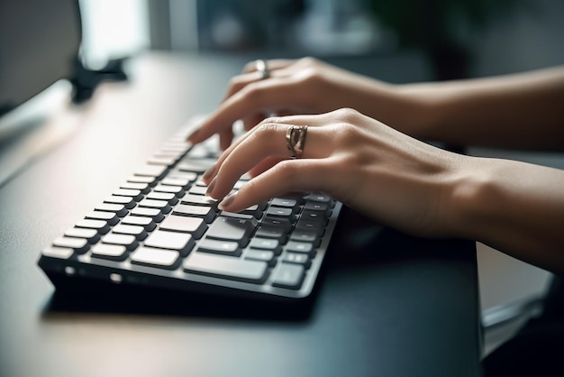 Close up of businesswoman hands typing on computer keyboard in office Generative AI