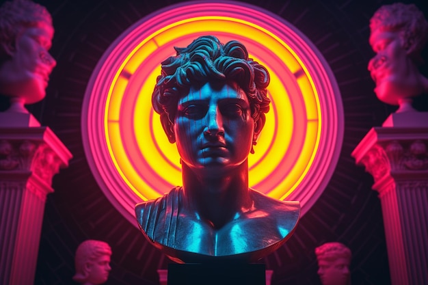 a close up of a bust of a man with a neon light in the background generative ai