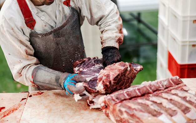 食肉工場で肉を切る肉屋の接写 肉のコンセプトの費用