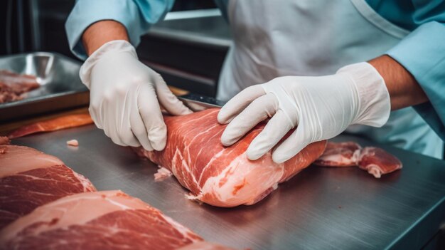 Close up on butchers hands in gloves working in butcher shop