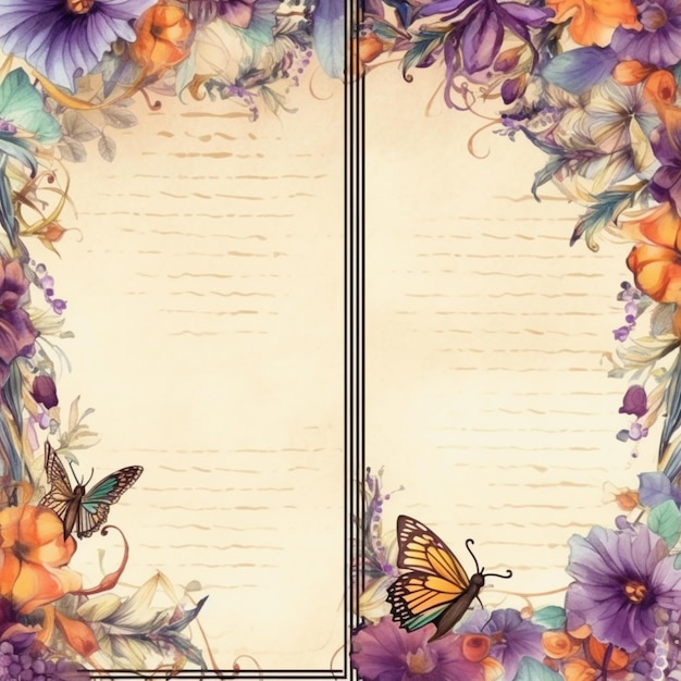 Photo a close up of a butterfly and flowers border with a paper generative ai