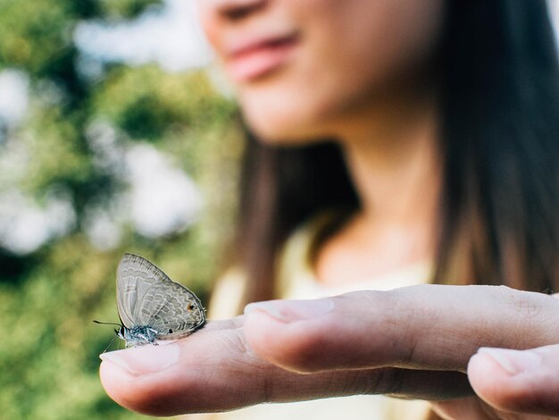 Photo close-up of butterfly on hand