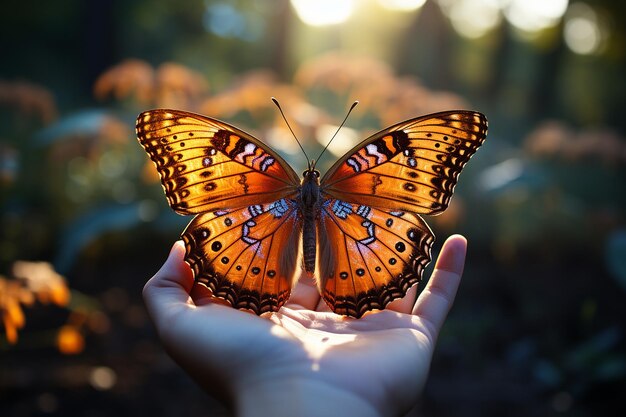 Foto prossimo piano di una farfalla tenuta in mano