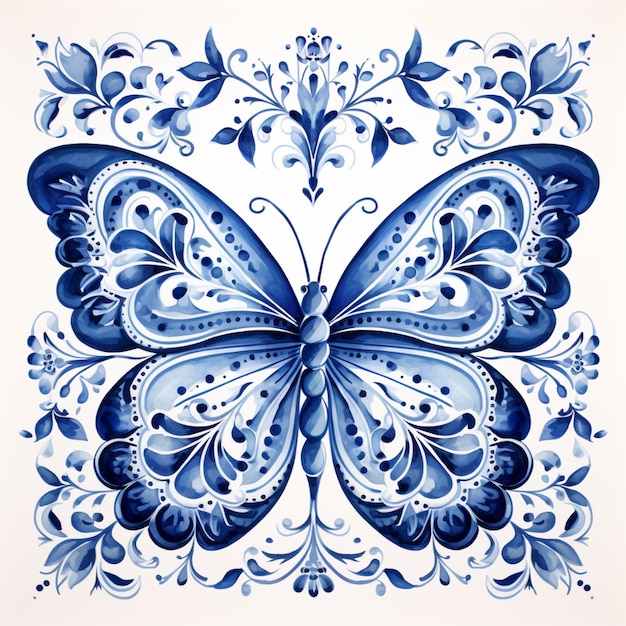 a close up of a butterfly painted on a tile with blue and white designs generative ai