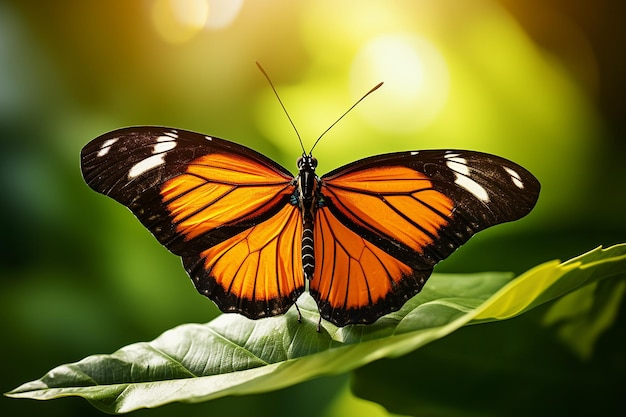 Close up of a butterfly resting on a leaf with wings spread