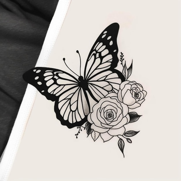 Photo a close up of a butterfly and rose tattoo on a white sheet generative ai