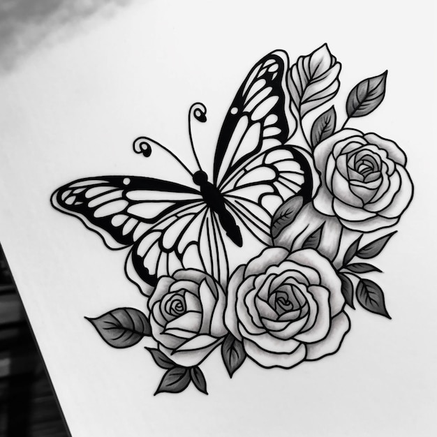 Photo a close up of a butterfly and roses tattoo on a white sheet generative ai