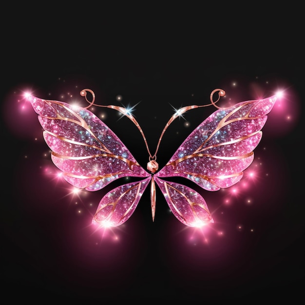A close up of a butterfly with sparkling wings on a black background generative ai