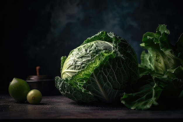 A close up of a cabbage on a dark background