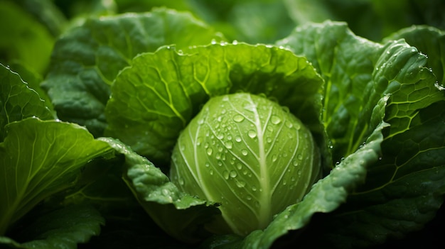 a close up of a cabbage plant with water droplets