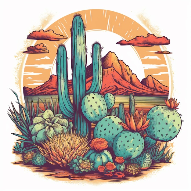 a close up of a cactus plant with mountains in the background generative ai