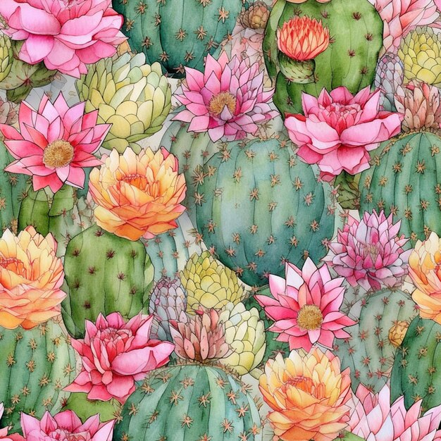 A close up of a cactus with flowers on a colorful background generative ai