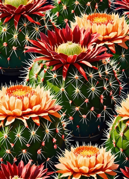 a close up of a cactus with many flowers