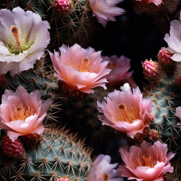 A close up of a cactus with pink flowers