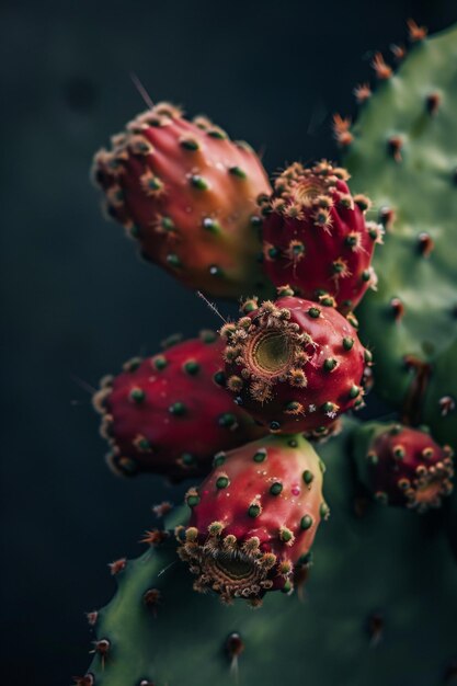 a close up of a cactus with a red flower on it