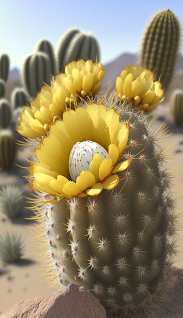 Close up of a cactus with yellow flowers generative ai