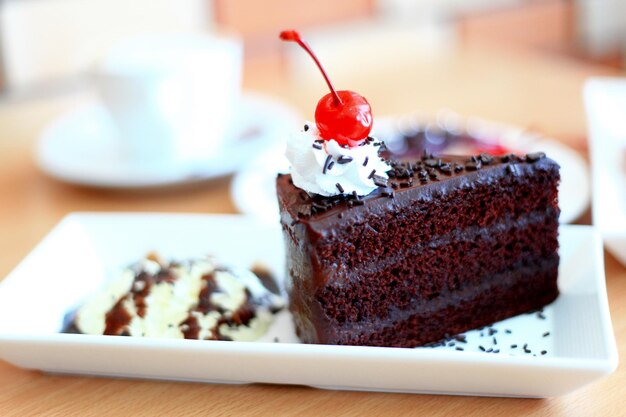 Close-up of cake served in plate on table