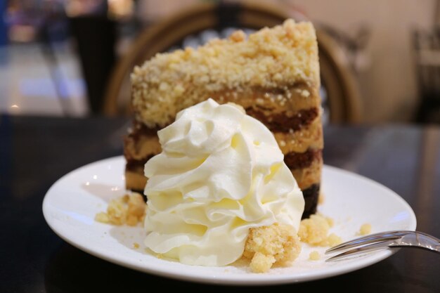 Close-up of cake served on table