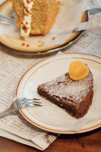 Close-up of cake served on table