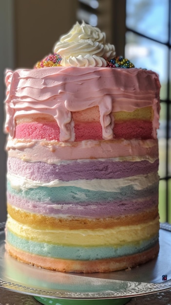 Foto un primo piano di una torta con uno strato arcobaleno su un piatto ai generativo