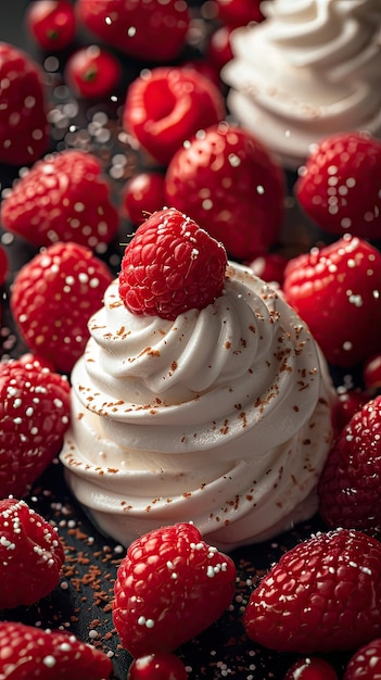 a close up of a cake with raspberries and cream