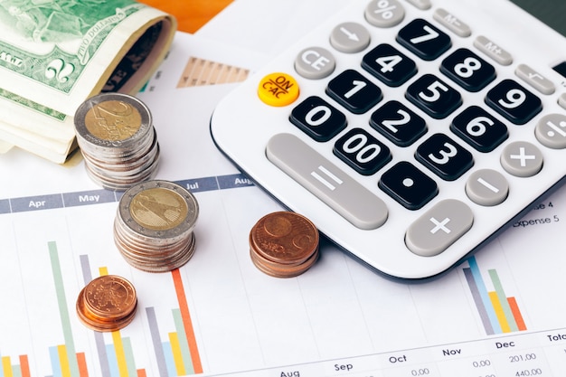 Close up of a calculator and coins on a business 