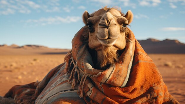 Close up of camel with blanket on its back