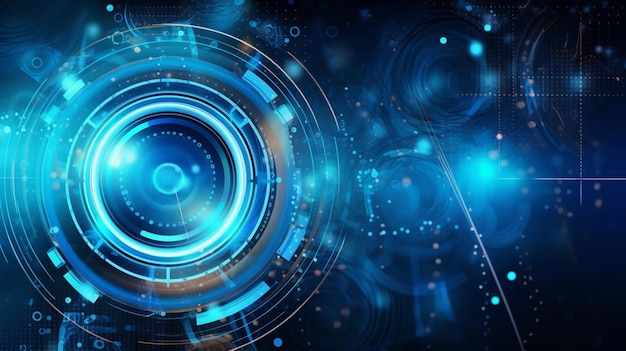 青い背景の生成 AI を持つカメラ レンズのクローズ アップ