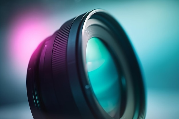 A close up of a camera lens with a pink light behind it.