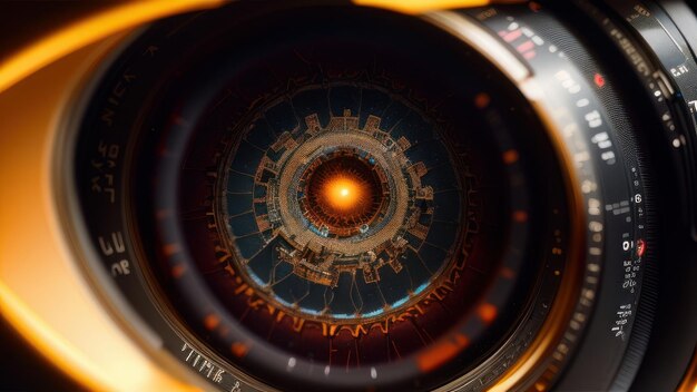 A close up of a camera lens with the word time on it