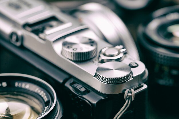 Close-up of camera on table