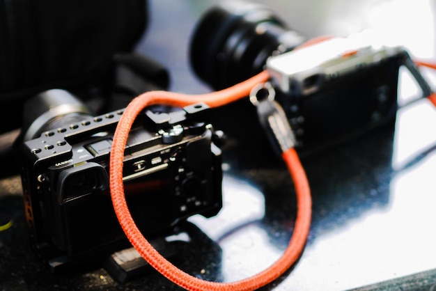 Close-up of camera on table