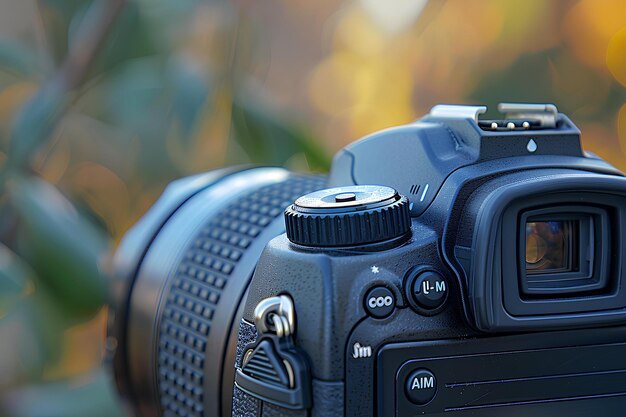 Photo a close up of a camera with a blurry background of leaves and a tree in the background canon eos r