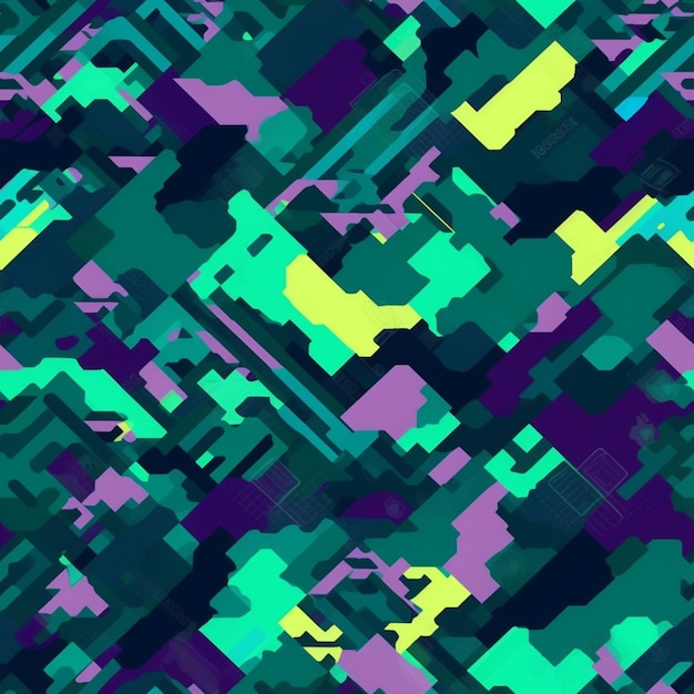 A close up of a camouflage pattern with a green and purple background generative ai