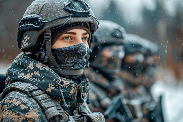 Foto close-up di soldati camuffati in ambiente invernale con fiocchi di neve che cadono personale militare