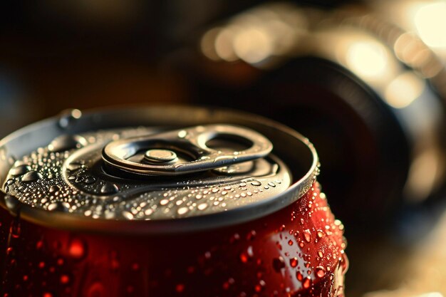 Foto un primo piano di una lattina di soda con gocce d'acqua