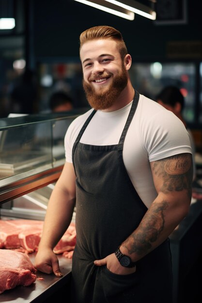 Close up candid photo of a handsome happy fat young muscular butcher man standing at meat counter