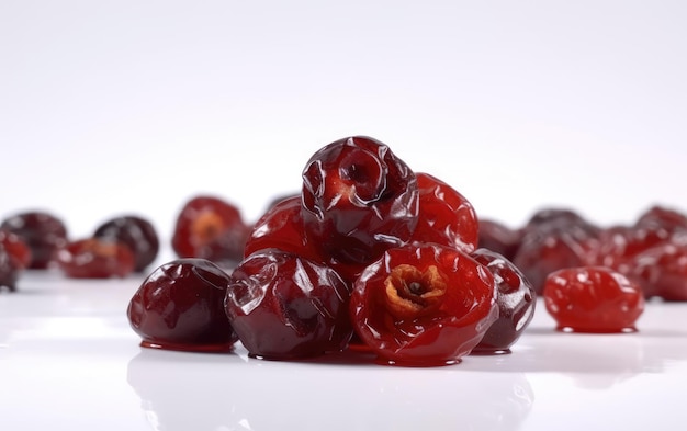 A close up candied dried cherries on a white background ai generated