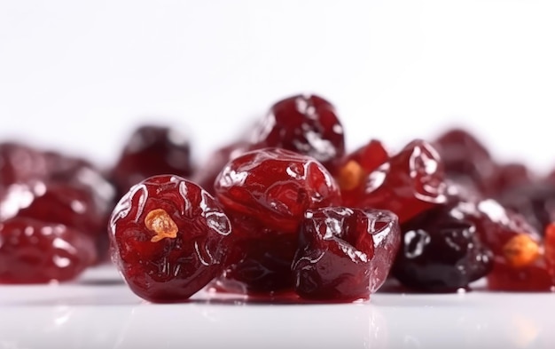 A close up candied dried cherries on a white background ai generated