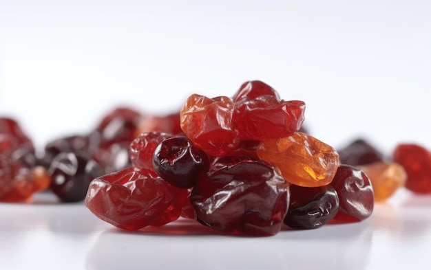 A close up candied dried cherries on a white background ai generated